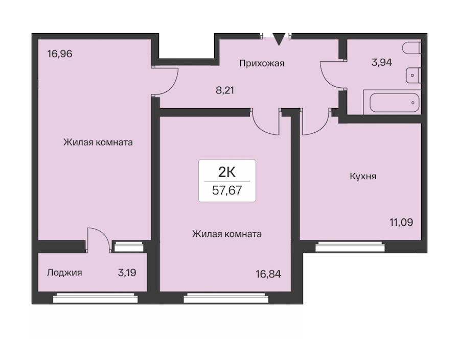 2-комнатная квартира 57.67 м², 2/9 эт., ЖК «Расцветай в Янино»